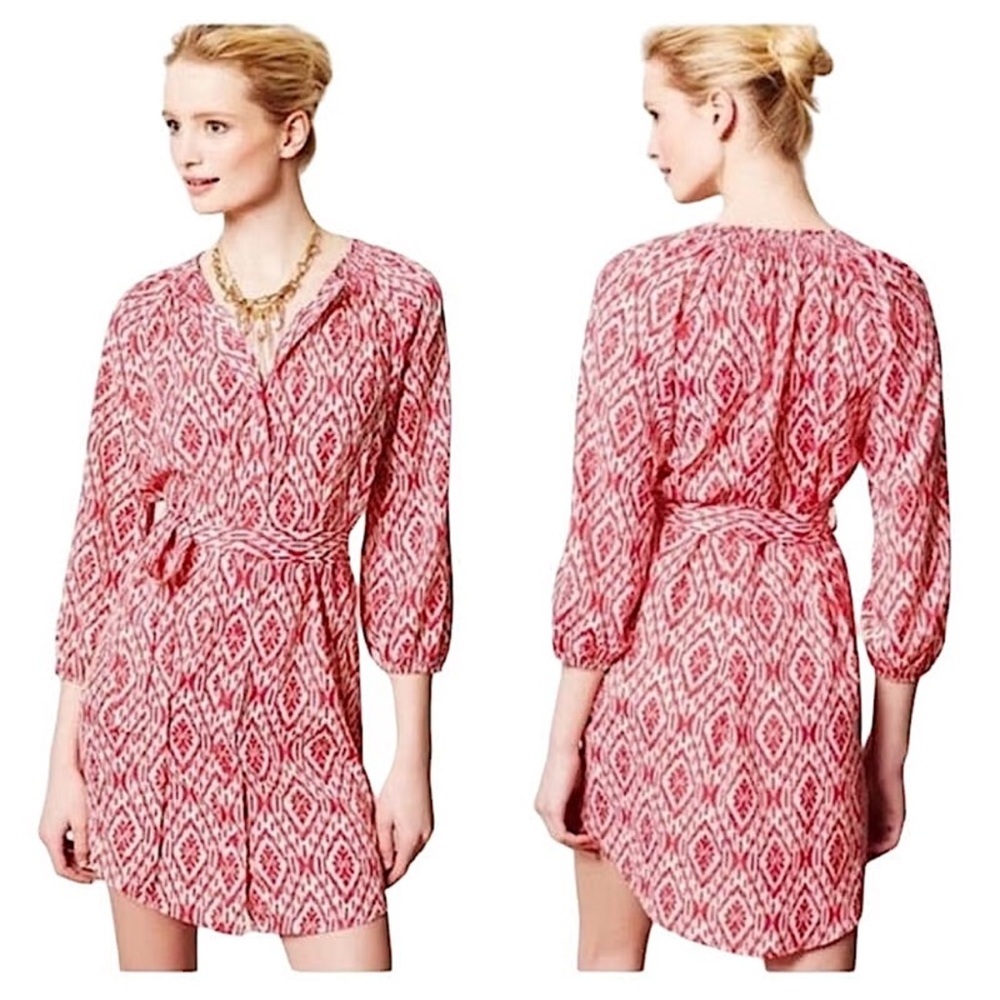 MAEVE ANTHROPOLOGIE Maeve Ikat Frequencies Mini Dress Button Down Waist Tie Sz L